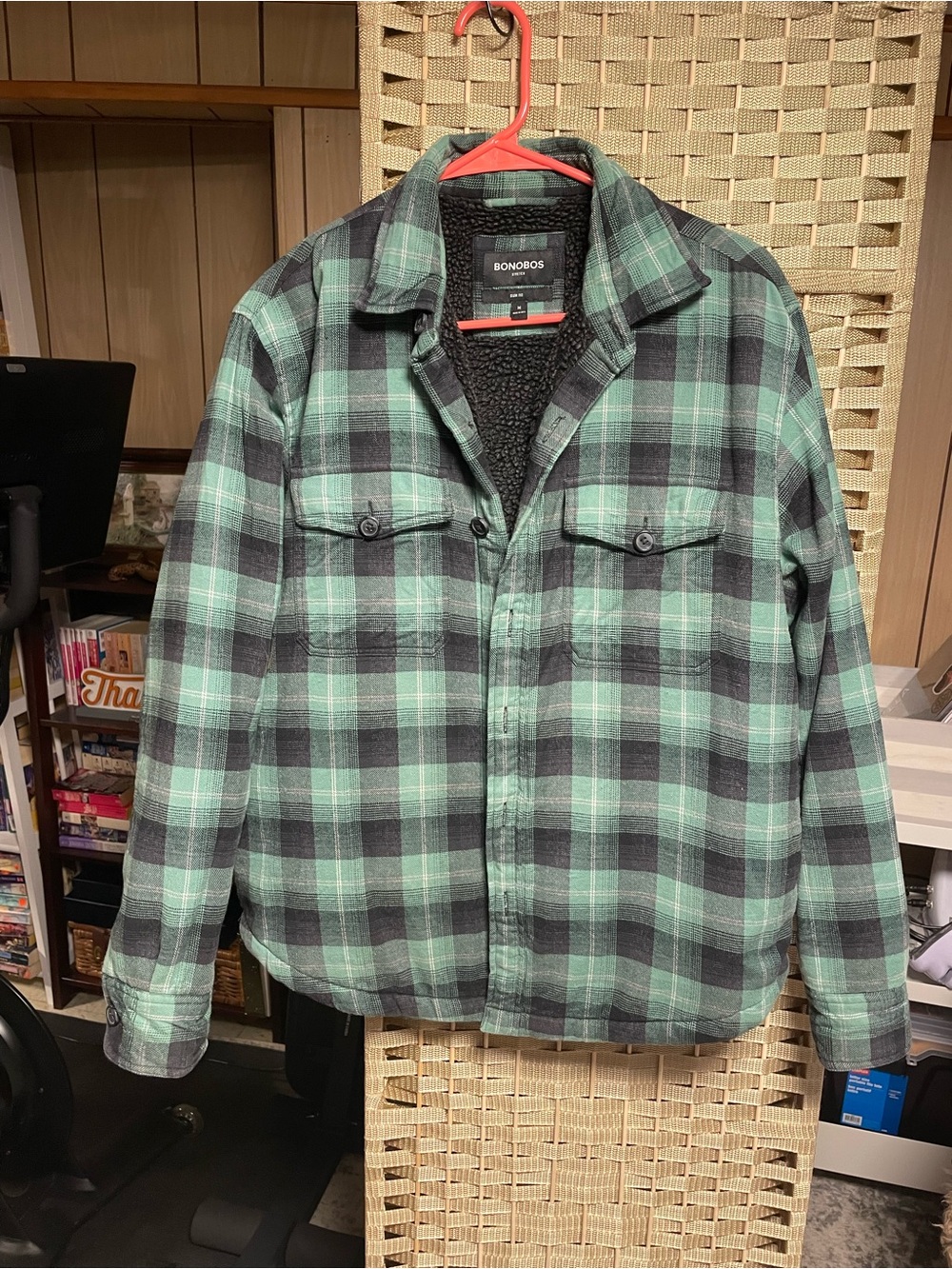 Bonobos Mint Green and Black Plaid Sherpa-Lined Shirt Jacket